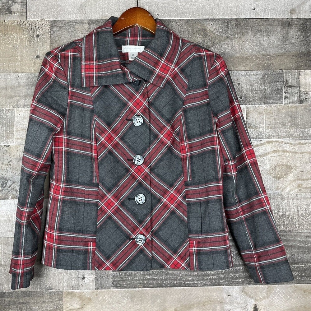 Christopher & Banks Womens Blazer Size M Petite Red‎ & Gray Plaid Large Buttons